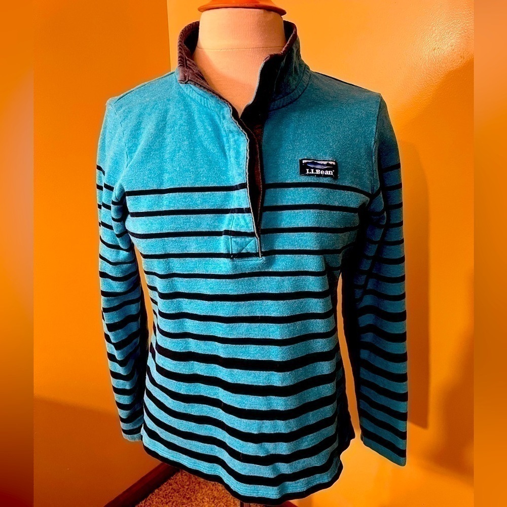 L.L Bean Turquoise/Navy Striped Cotton Rugby Pullover Sz. S